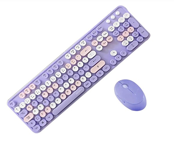 Bilişim Burada  Mofii Sweet Serisi Retro Yuvarlak Tuşlu Mor Kablosuz Klavye Mouse Set Türkçe